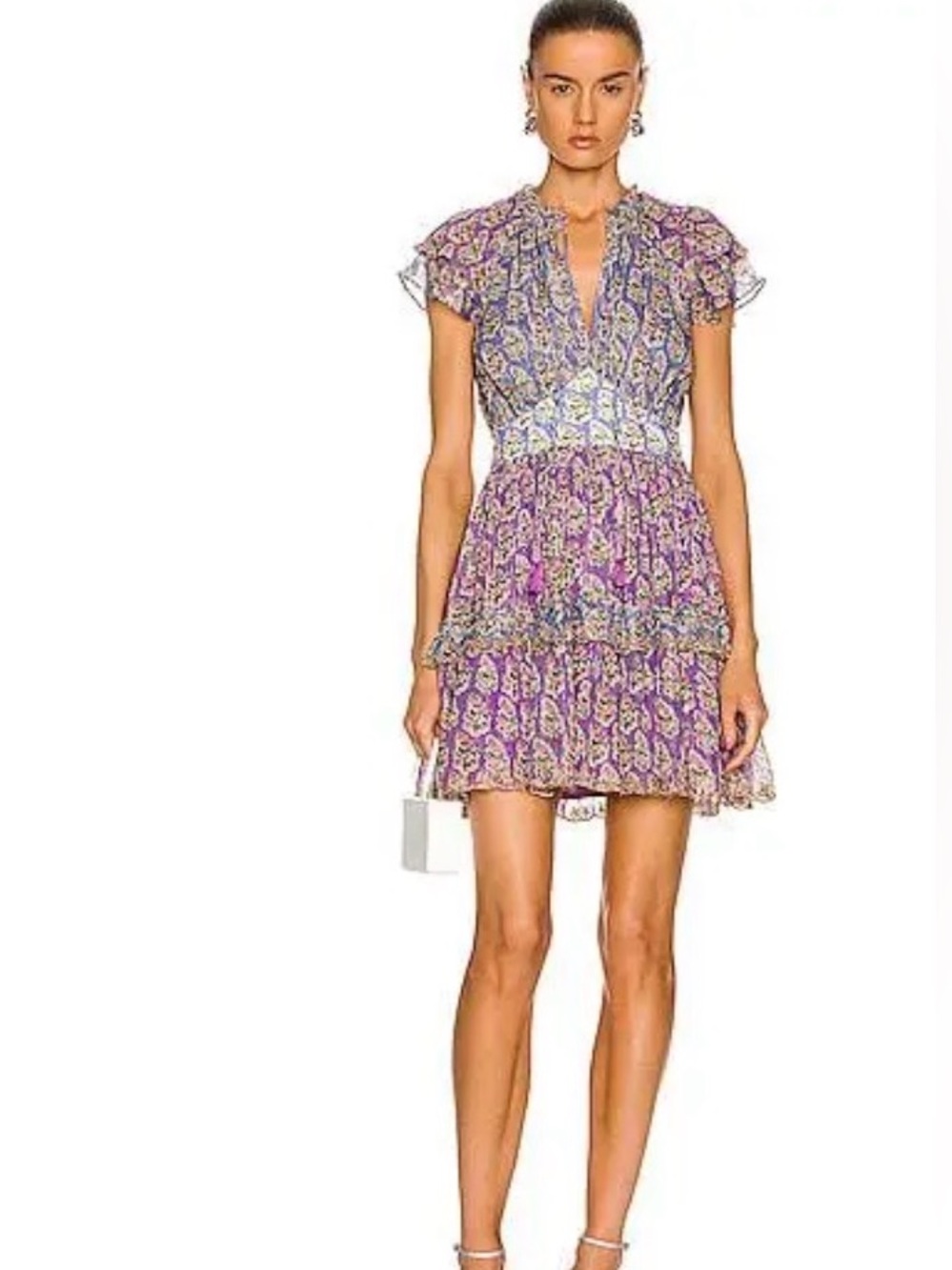 Hemant and Nandita Hera Purple Floral Tiered Ruffle Mini Dress Medium Read As Is